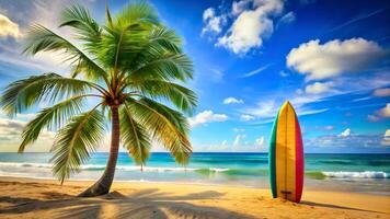 Palm tree and colorful surfboard on a uniquely beautiful beach with blue sky and azure sea. photo