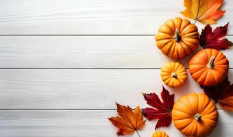 Top view of pumpkins and fall maple leaves on a white wooden background. photo