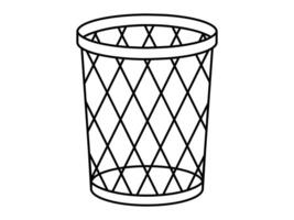 Hand drawn cute outline illustration of mesh trash bin. Flat metal garbage basket for paper. Environmental pollution design in line art doodle. Ecology sticker, icon. Waste sorting. Isolated. vector