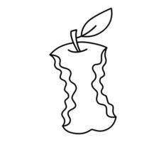 Hand drawn cute outline illustration apple core. Flat recycling trash or environmental pollution in line art doodle style. Organic garbage. Healthy eating sticker, icon. Waste sorting. Isolated vector