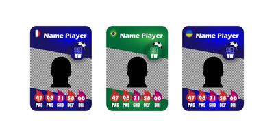 soccer player cards with flags, ratings, and position indicators. vector