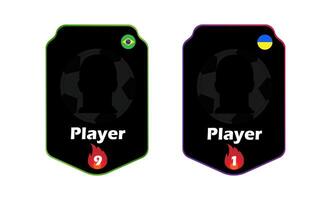 Blank soccer player cards with Brazil and Ukraine flags, rating numbers, and flame icons on black background vector