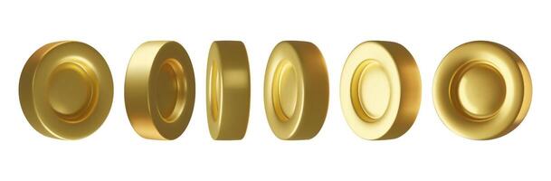 Gold metal coins 3d illustrations set rotating at different angles vector