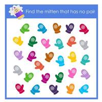 Attention task. Logic game for children. Find a mitten that has no pair. vector