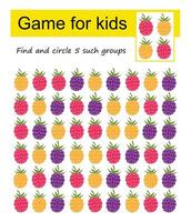 A game for kids. Find the group of raspberries shown in the sample and circle. vector