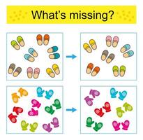 Puzzle game for kids. Task for the development of attention and logic. Find the missing slippers and mittens. vector