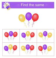 Puzzle game for kids. Task for development of attention and logic. Need to find same group of balloons. vector