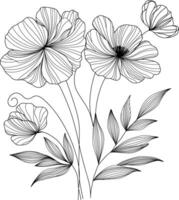 Elegant line art illustration of delicate poppy flowers and leaves. Minimalist, botanical style. Perfect for wall art, prints, textile design, and various nature inspired projects. vector