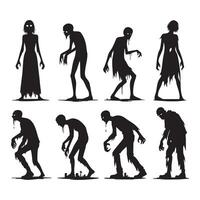 Set of zombie shapes silhouetted on a white surface vector