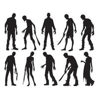 Array of ghastly zombie silhouettes on a clear white backdrop vector