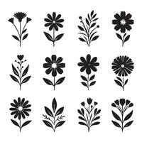 White background with a selection of flower silhouettes vector