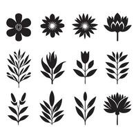 Assortment of silhouetted flowers on a blank white surface vector