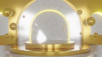 Round gold metal podium on white background with gold circle and thin round gold border on top. Perfect platform for showing your products. 3D animation video
