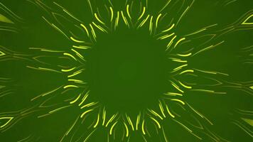 Kaleidoscopic mandala pattern with flowing gold fractal waves. Abstract green background 4k glowing neon waves and repeating. video