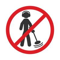 No Metal detecting icon symbol. Metal detecting not allowed logo sign. Silhouette of a man with a metal detector. prohibited, prohibition, forbidden, ban. Stick man illustration image. Isolated vector
