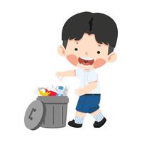 boy throwing garbage into a trash can vector