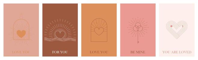 Minimalist Bohemian Valentine's Day cards and wall art prints featuring hearts, key and sun. Design templates with geometric abstract elements for decoration. illustration vector