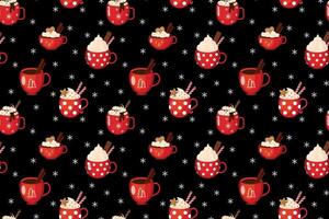 Seamless Pattern of Christmas Drink Mugs. Cozy Winter Background Featuring Sweets and Holiday Beverages - Cocoa and Hot Chocolate with Toppings, Spices, Cookies, and Candy Canes vector