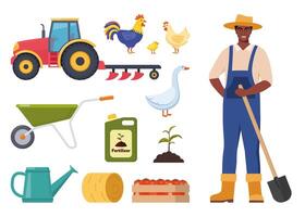 Farmer character and different farm elements. Black Man farmer, barn, tractor, chicken, rooster, goose, fertilizer, haystack, cart, watering can. Set of elements on farm theme. illustration. vector