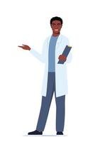 Doctor in medical uniform pointing and showing something with hand. Medicine worker black man explaining and presenting something. flat illustration. vector
