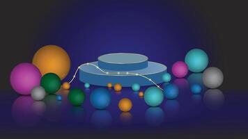 Podium shape for Display product, cosmetics with colorful glass ball blue background. product display presentation. studio room concept, glassy floor, minimal wall scene. design. vector