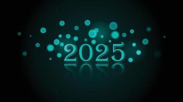 Happy New Year 2025 teal bokeh background effect. teal black background. shadow effect text. new year concept. lighting effect. unique, minimal, glowing vector