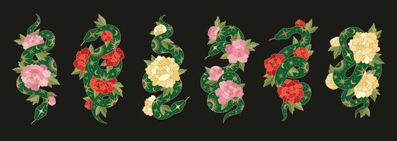Set of Chinese New Year symbols. Green snakes with lunar patterns and peonies. Traditional Chinese lunar symbols with flowers. Isolated on black background vector