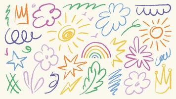 Hand drawn colorful charcoal doodle collection. Pencil drawings set with squiggle shapes and forms include crowns, sun, stars, flowers, clouds, smile and other collage elements vector