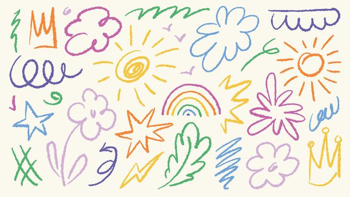 Hand drawn colorful charcoal doodle collection. Pencil drawings set with squiggle shapes and forms include crowns, sun, stars, flowers, clouds, smile and other collage elements