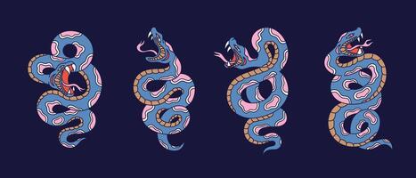 Snake set in traditional oriental tattoo style. Happy new year poster templates with snakes in various poses. Colorful pythons of lunar year symbol vector