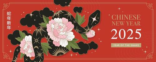Chinese New Year 2025 with year symbol of the Snake. Red traditional banner with clouds, stars, flowers and hieroglyphic mean New Year of the Snake. Chinese design with snake. Lunar concept. vector