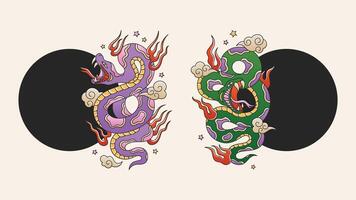 Snake new year frames with symbol of the snake. Traditional oriental tattoo style. Set of two pythons with clouds, fire and stars. Happy chinese new year templates vector