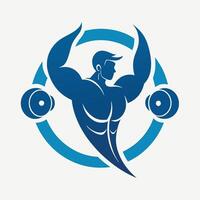 Muscular Fitness Icon. A blue silhouette of a bodybuilder lifting dumbbells within a circular frame. vector