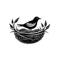 A simple black and white illustration of a bird sitting in a nest with branches logo icon . vector