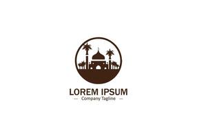 A beautiful silhouette of a mosque surrounded by palm trees within a circular frame logo icon illustration. vector