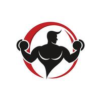 Muscular Fitness Icon. A black and red silhouette of a bodybuilder lifting dumbbells within a circular frame. vector