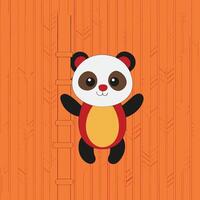 A cute panda bear climbing a bamboo pole, a round face, and a friendly smile and vibrant orange with bamboo patterns background logo icon vector