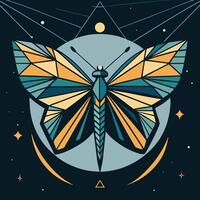 A geometric style butterfly against a cosmic background with stars and a moon logo icon vector