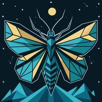 A geometric style butterfly against a cosmic background with stars and a moon logo icon isolated vector