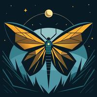 Geometric style butterfly against a cosmic background with stars and a moon logo icon vector