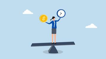 Time and money balance, 4k animation of Happy female entrepreneur manages time clock and money balance on a seesaw. video