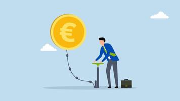 Inflation in Europe causing by energy shortage, 4k animation of Businessperson uses air pump to inflate floating Euro currency coin. video