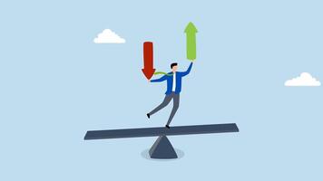 Loss and gain on investment, 4k animation of Businessman investor balancing on a seesaw while holding arrows indicating loss and gain. video