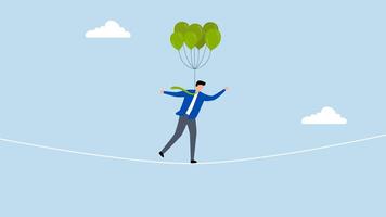 Risk management control, 4k animation of Businessman acrobat chooses to walk on a rope with balloons in order to lower the level of risk. video