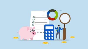 income management, 4k animation of Entrepreneur using magnifying glass to strategize budget calculations with a calculator and graph. video
