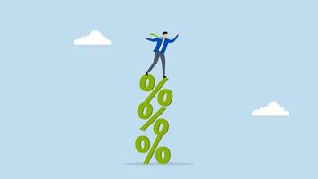 dangerous increase in interest rates is leading to a slowdown in business, 4k animation of businessmen balancing on a precarious stack of percentages. video
