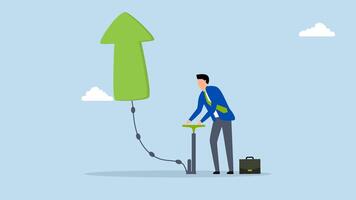 Growing business, 4k animation of Businessman is inflating an air pump to make a green arrow float upwards. video