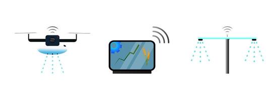 Illustration of agricultural examples with technology featuring crop watering drones, yield monitors, and Satellite Imagery vector