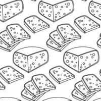 A doodle pattern of thinly sliced porous gouda cheese in a wax package. Whole and sliced gouda pieces of triangular shape with a thin black line on white. Texture of Slices of dairy product vector