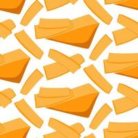 A pattern of thinly sliced pieces of cheddar cheese. A triangular piece of hard orange cheese, cut into flat realistic slices. Texture with thinly sliced dairy products. Scattered pieces vector